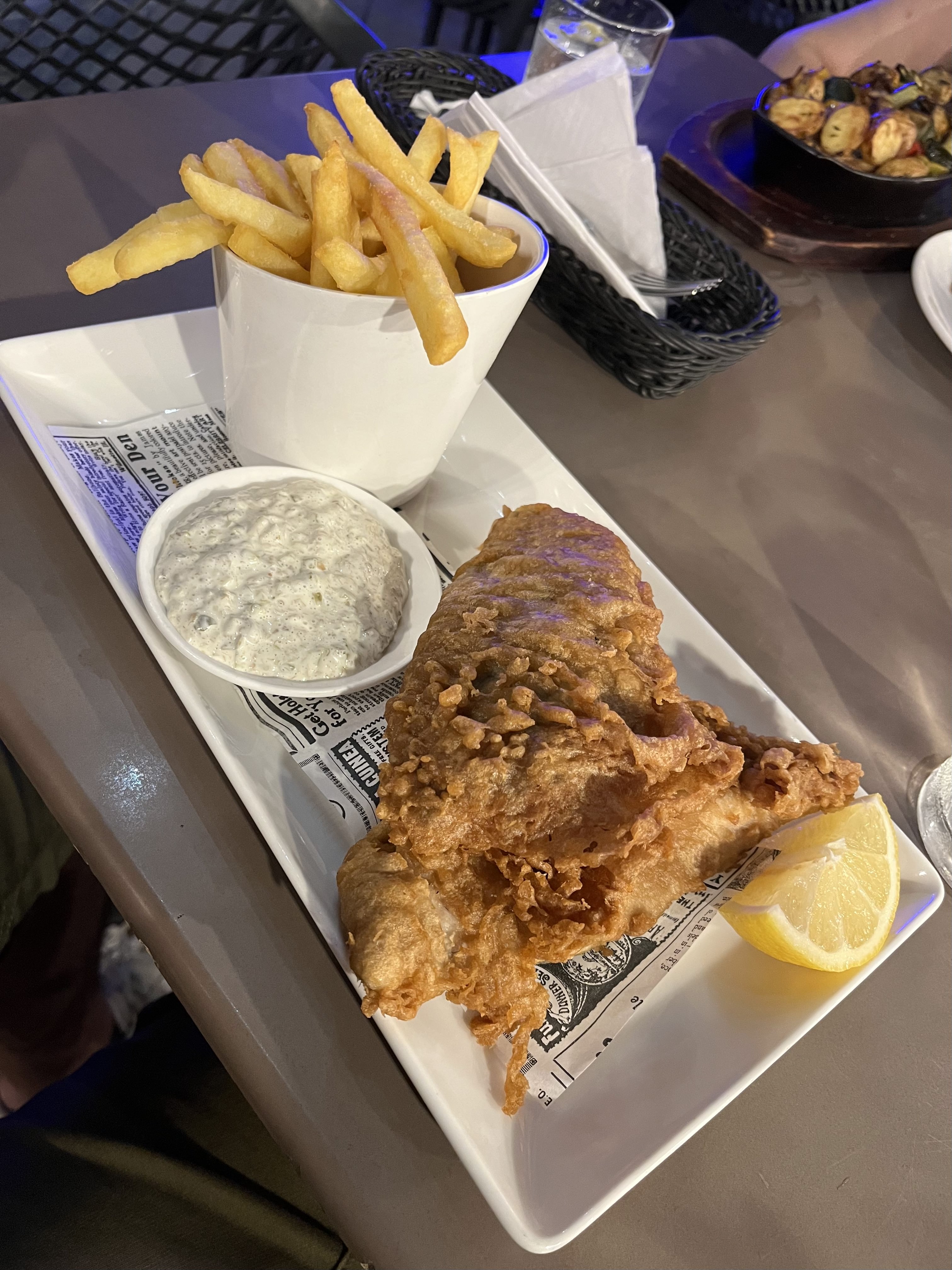 Guinness-battered fish with fries and tartar sauce